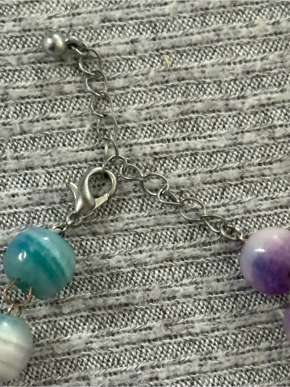 Bohemian theme purple, white & blue swirly beaded adjustable chain bracelet